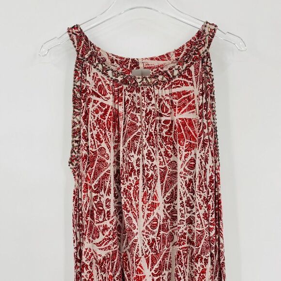 Free People Size Small Red & Gray Beaded Good Morning Cold Shoulder Tunic Top - Picture 10 of 11